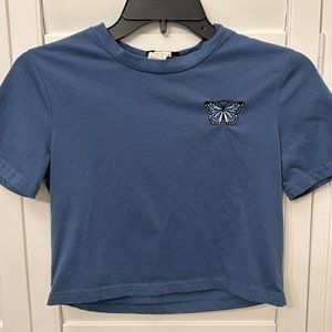 Fashion 21 Blue Crop Top with Butterfly Embroided